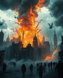 A surreal and intensely dramatic close-up depicts a city consumed by flames, blending fantastical elements with the stark rea