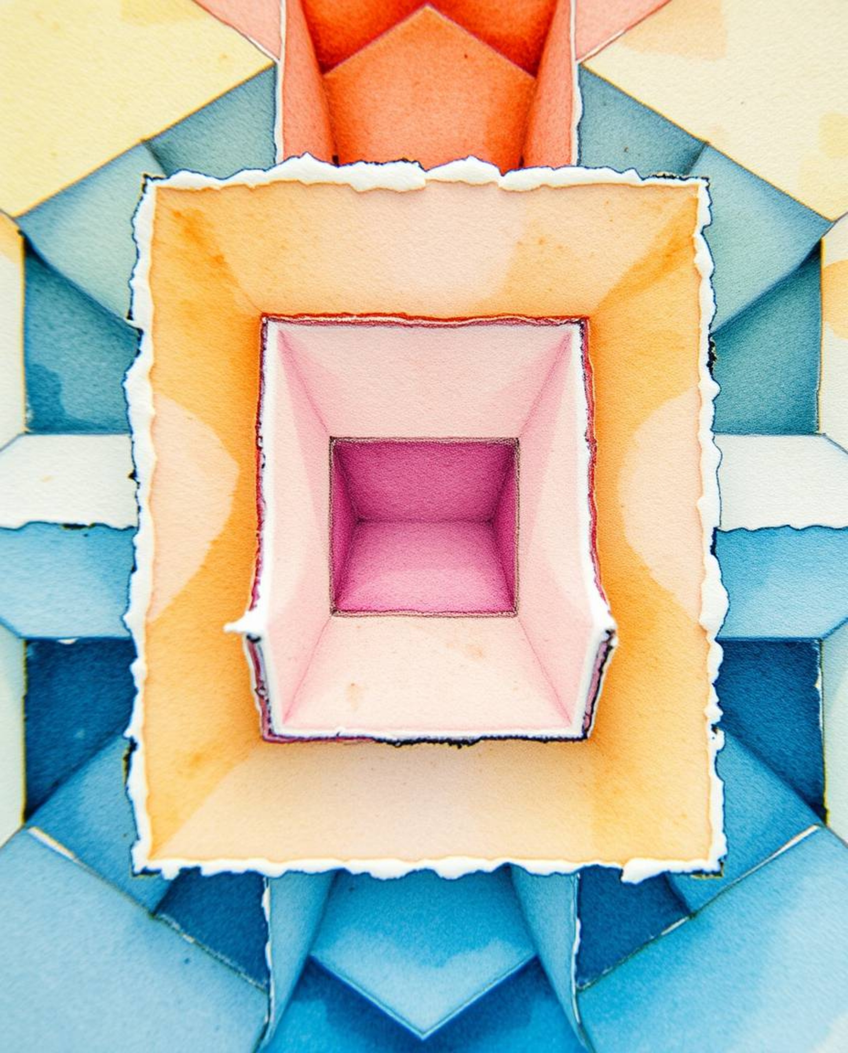 A delicate watercolor painting showcasing an extreme macro close-up of a repetitive cube pattern in Escher-style impossible g