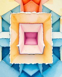 A delicate watercolor painting showcasing an extreme macro close-up of a repetitive cube pattern in Escher-style impossible g