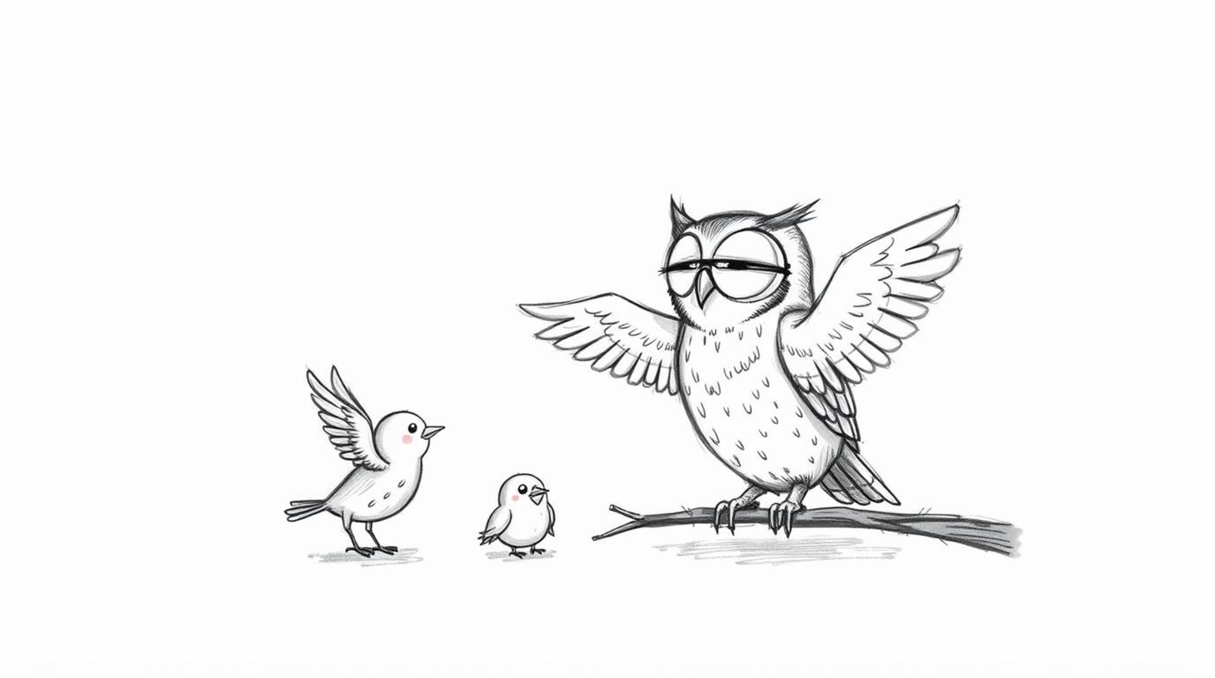 A charming, hand-drawn sketch in the style of Pixar depicts a blind owl patiently mentoring young birds learning to fly.  Set