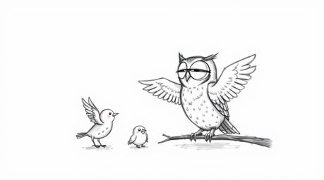 A charming, hand-drawn sketch in the style of Pixar depicts a blind owl patiently mentoring young birds learning to fly.  Set