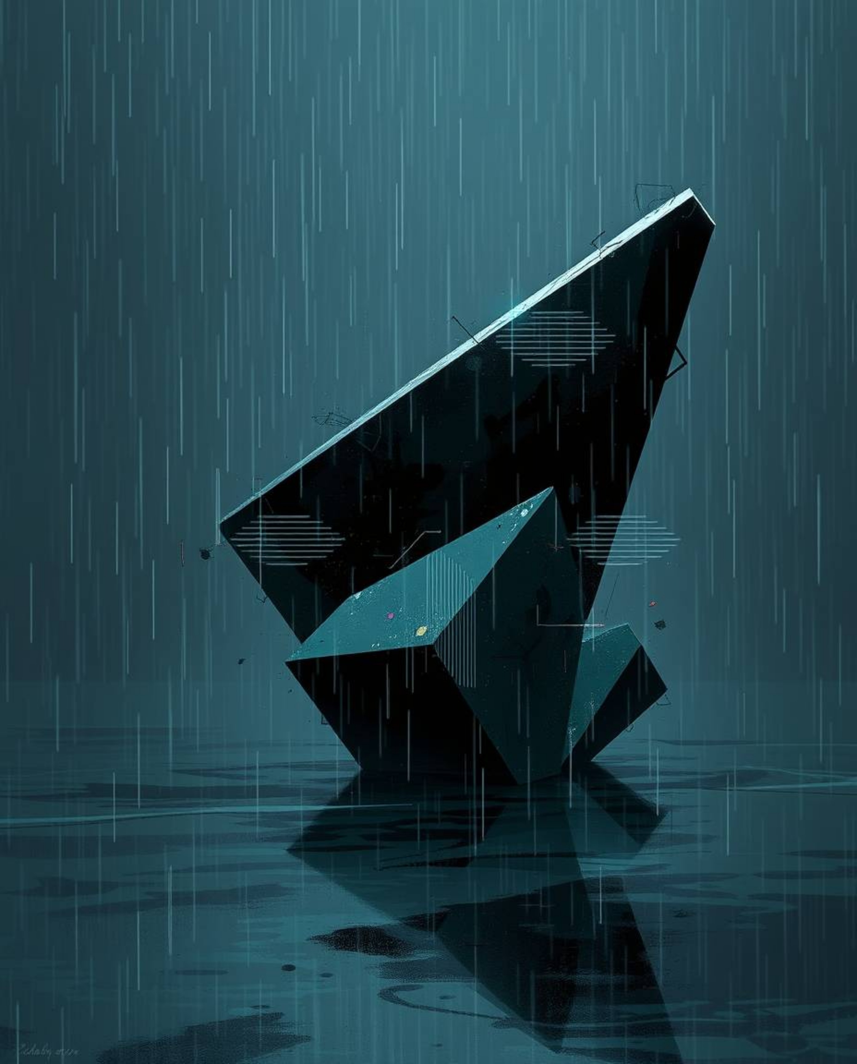 A digital painting created in a moody style, showcasing abstract shapes enhanced with glitch effects, fragmentation, and scan