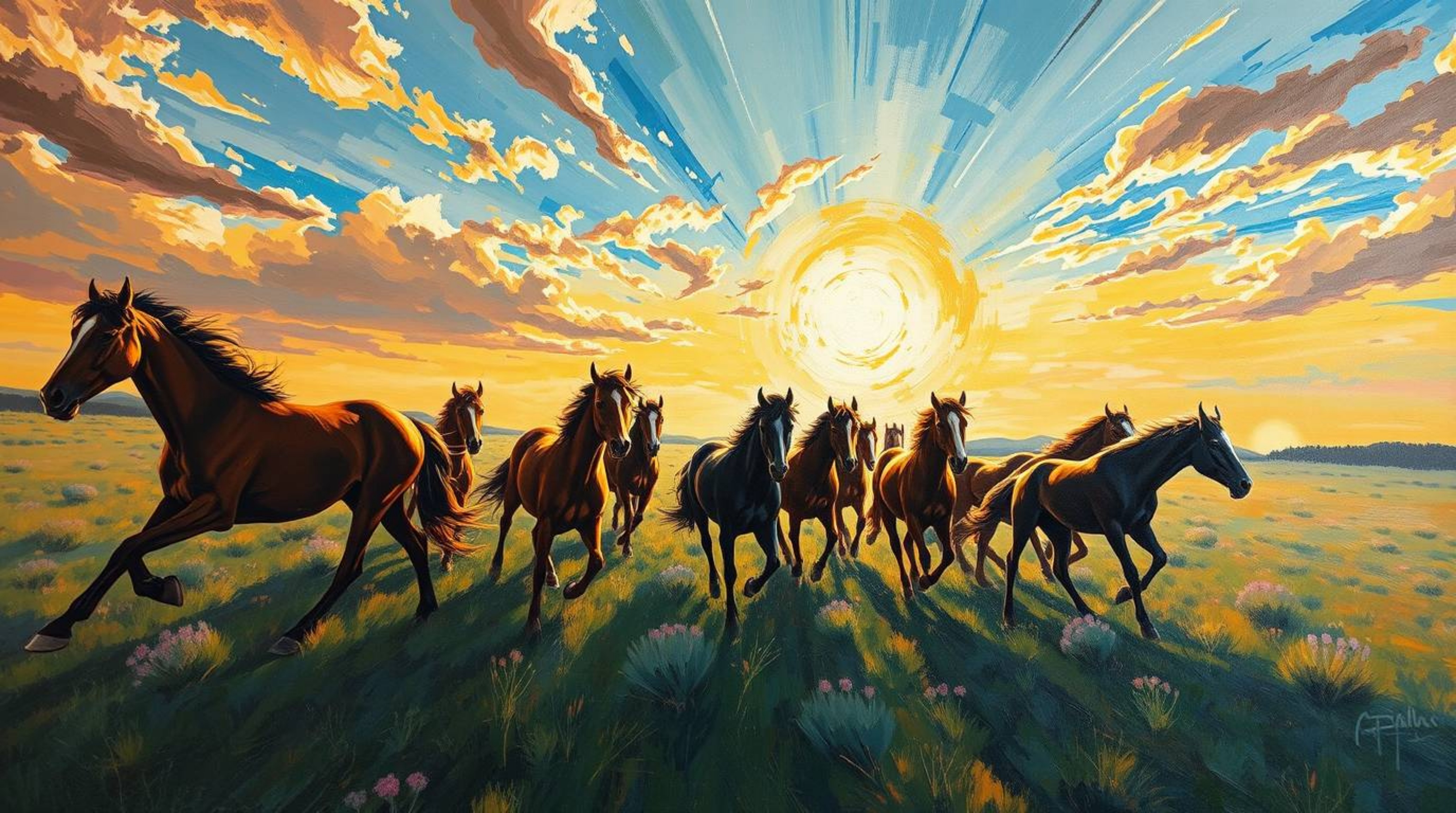 A stunning acrylic painting captures a herd of wild horses thundering across the landscape beneath a breathtaking glowing sky