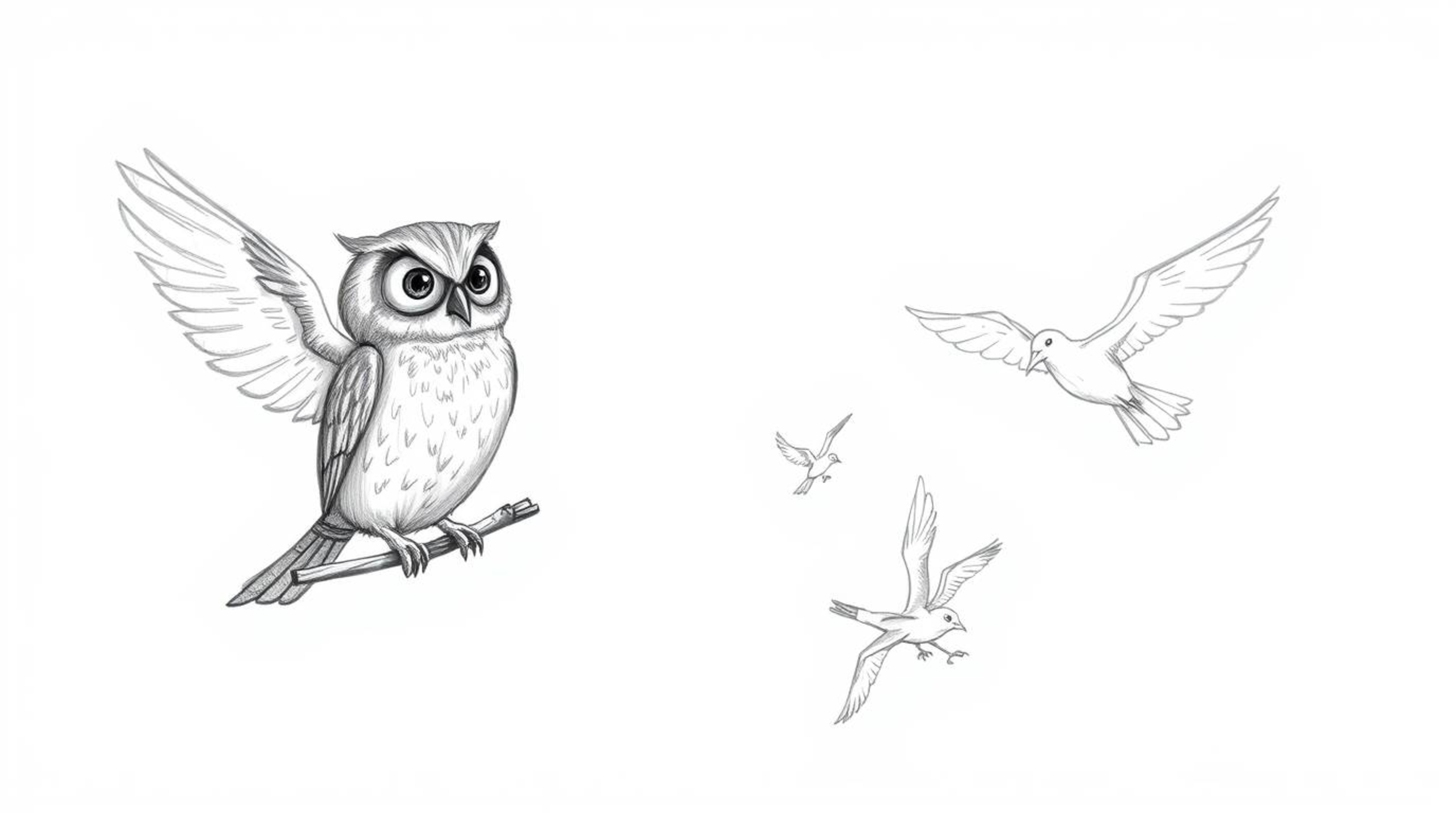 A heartwarming Pixar-style hand-drawn sketch depicts a wise, blind owl rendered with textured pencil strokes, guiding birds i