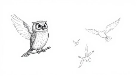 A heartwarming Pixar-style hand-drawn sketch depicts a wise, blind owl rendered with textured pencil strokes, guiding birds i