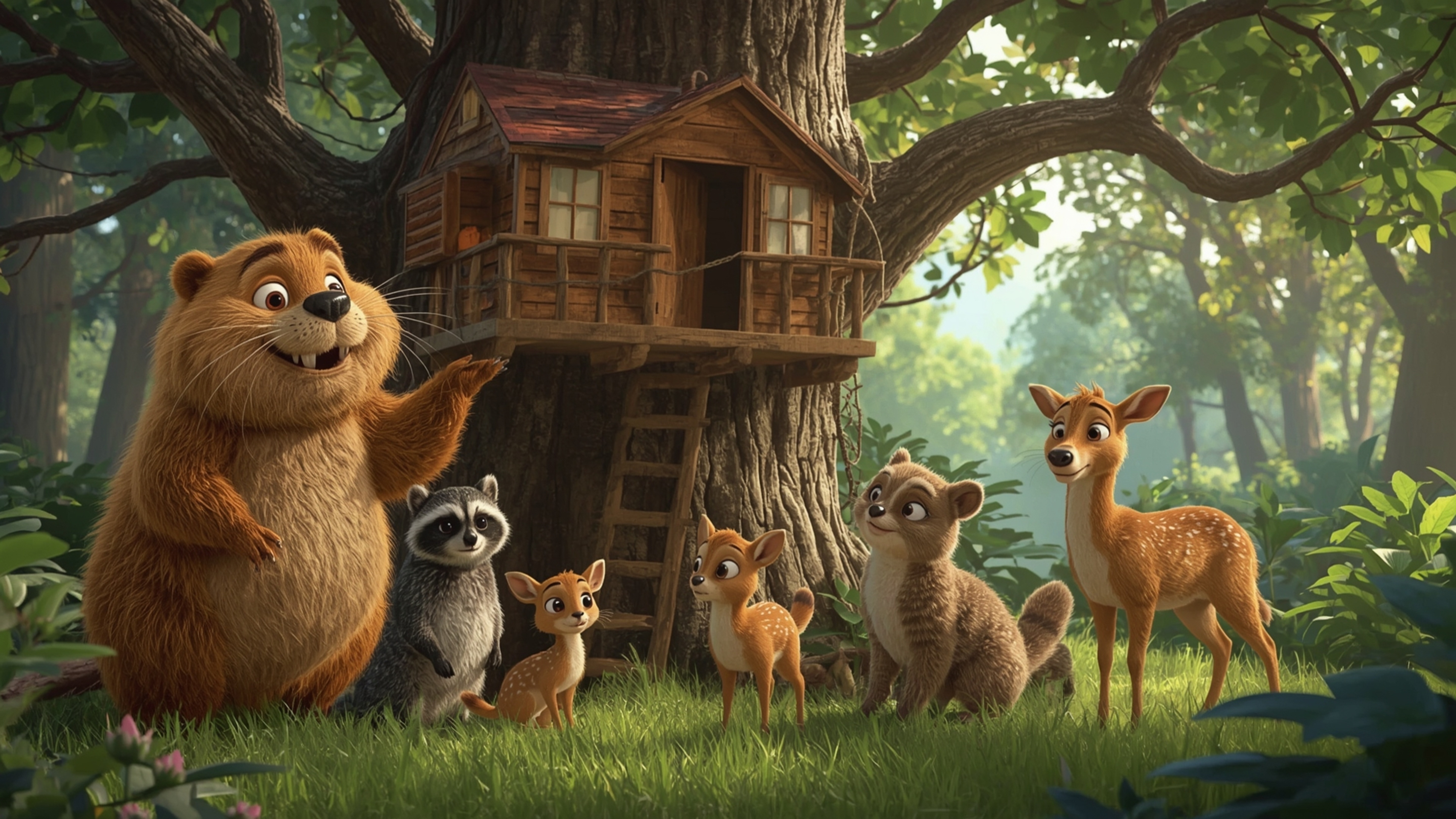 A high-resolution, crystal-clear stock photo captures a cheerful beaver with warm, golden fur, inspired by Pixar's whimsical