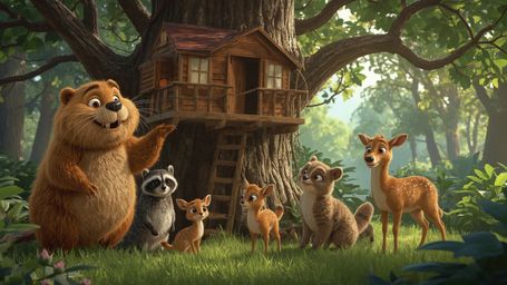 A high-resolution, crystal-clear stock photo captures a cheerful beaver with warm, golden fur, inspired by Pixar's whimsical