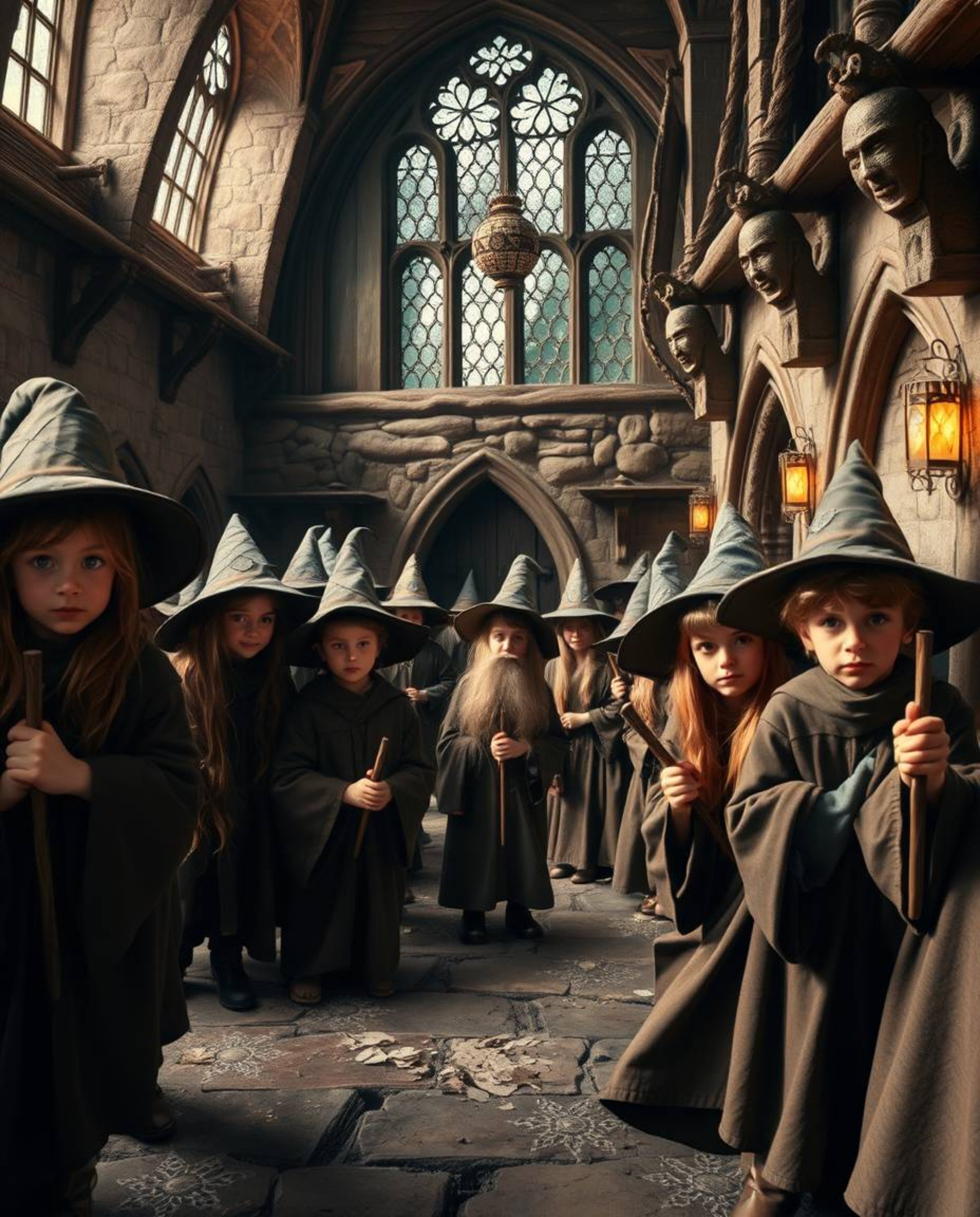 Immerse yourself in a magical school scene brought to life with young wizards and rendered in soothing natural earth tones. T