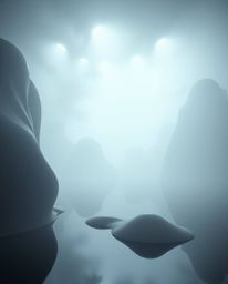 Immerse yourself in a dramatic cinematic scene featuring thick foggy surroundings and captivating 3D sculptural fluid mercury