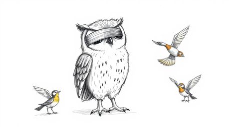 A charming hand-drawn sketch in the style of Pixar depicts a wise, blind owl with soft feathers and expressive eyes teaching 