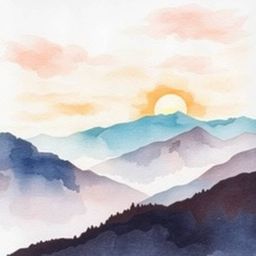 A delicate watercolor painting depicting a sunset over a tranquil mountain valley, characterized by soft pastel colors, creat