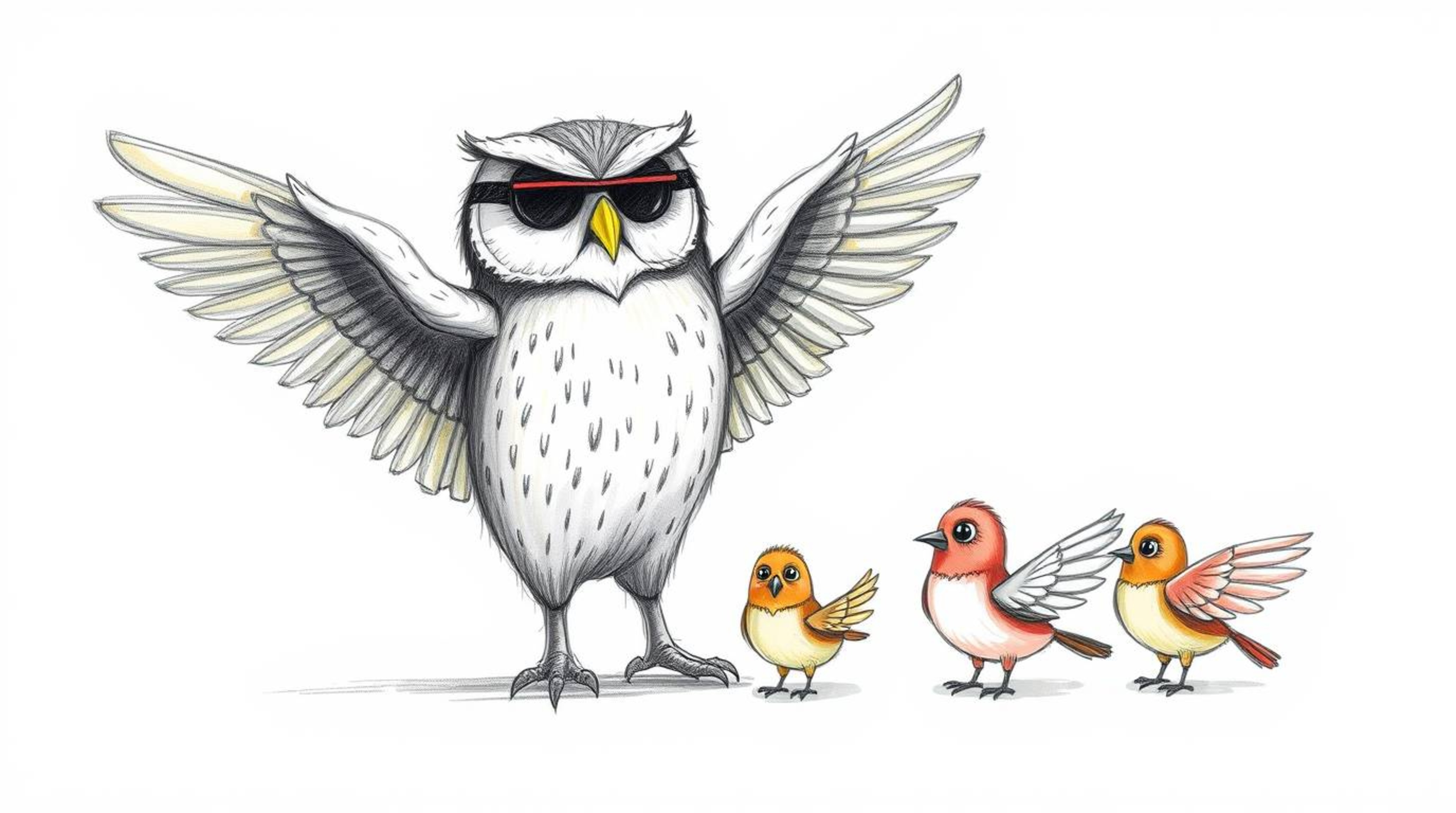 A heart-warming hand-drawn sketch reminiscent of Pixar's iconic animation style, featuring a wise, blind owl mentoring a grou