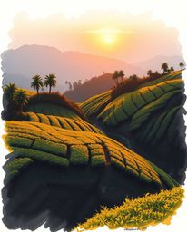 A hand-drawn color sketchnote depicts a bird’s-eye view of terraced tea plantations at sunset. The sketch features contrastin