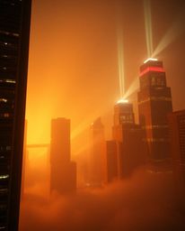 A captivating fine art photograph showcases a glitchy digital landscape featuring distorted skyscrapers and static noise.  Vo