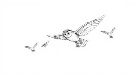 A heartwarming hand-drawn sketch in the style of Pixar depicts a blind owl gracefully mid-flight, leading a group of birds in