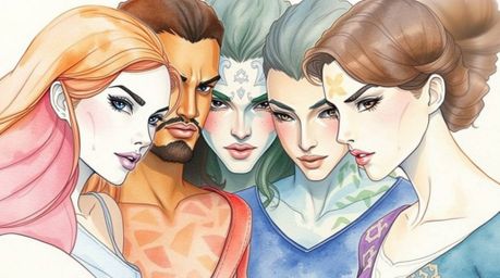 This artwork showcases a delicate watercolor painting depicting a graceful and elegant team of misfit heroes forming a team. 
