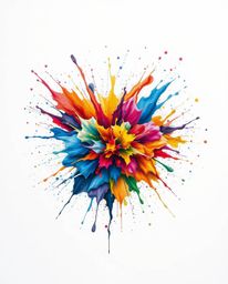 A dynamic abstract art piece featuring a vibrant explosion of colorful paint splashes on a white canvas, meticulously detaile