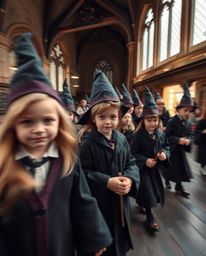 Capture the enchanting atmosphere of a magical school brimming with young wizards in this long exposure photograph. The image