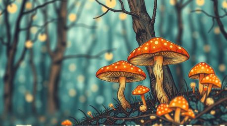 A captivating hand-drawn sketchnote illustration depicts a vintage enchanted forest teeming with glowing mushrooms.  The artw