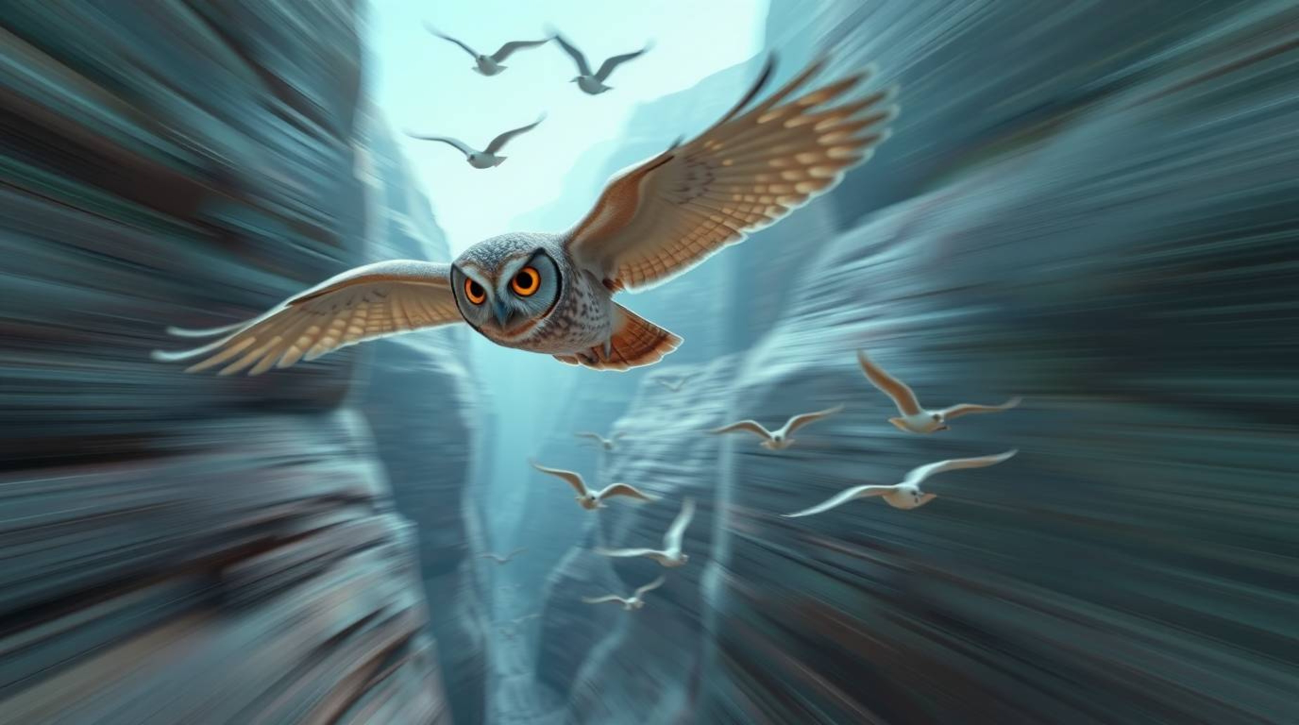 This stylized photograph captures a profound ethereal and spiritual vibe, featuring a blind owl reminiscent of Pixar animatio
