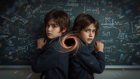 In a highly dramatic and cinematic photograph with a vibrant, Pixar-inspired style, two 12-year-old science fair contestants 