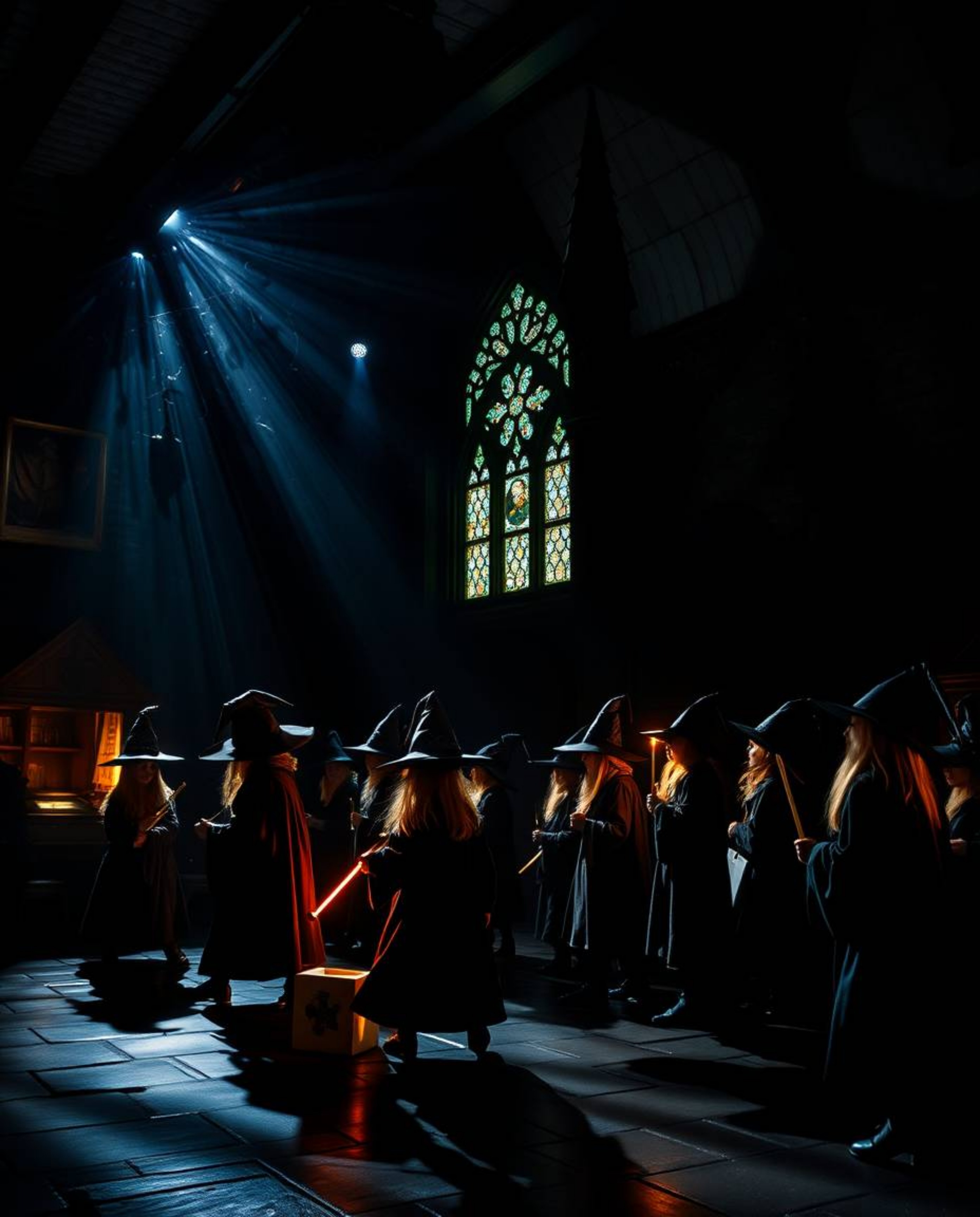 This creative light art piece depicts a magical school teeming with young wizards, employing intense jet black hues juxtapose