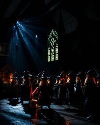 This creative light art piece depicts a magical school teeming with young wizards, employing intense jet black hues juxtapose