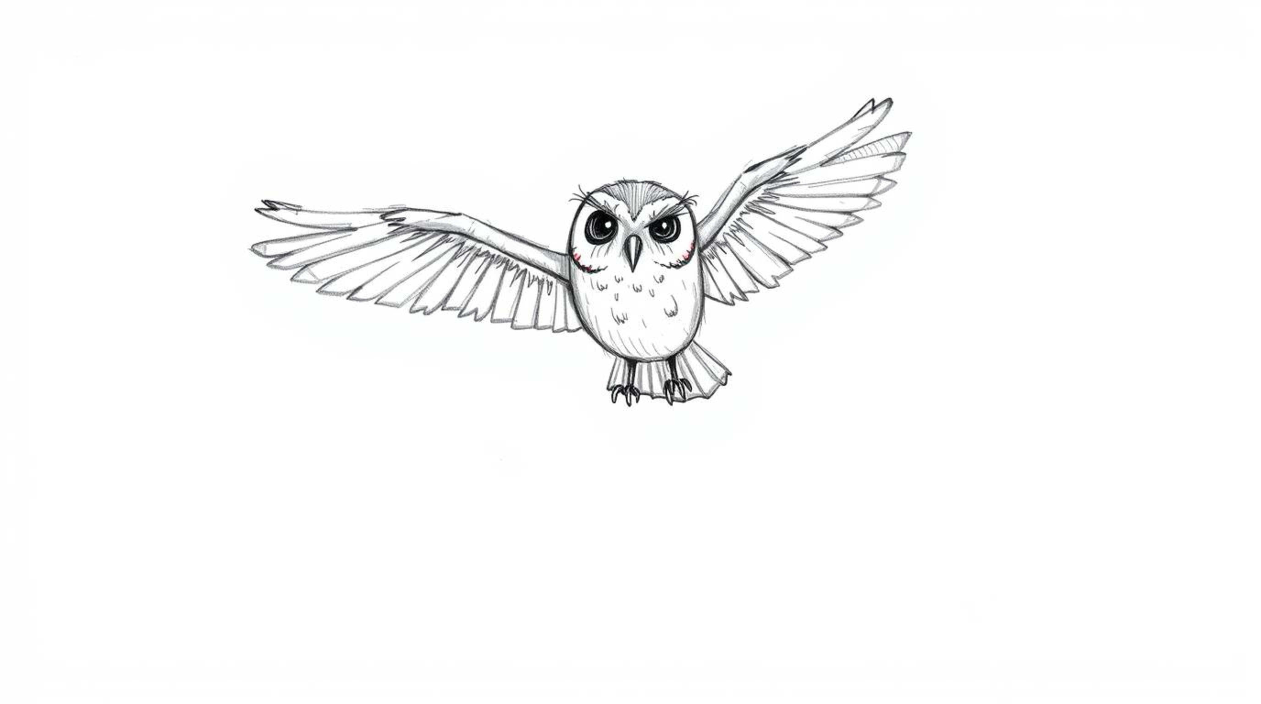A captivating hand-drawn sketch in the style of Pixar depicts a blind owl, mid-flight, leaving delicate feather trails.  With
