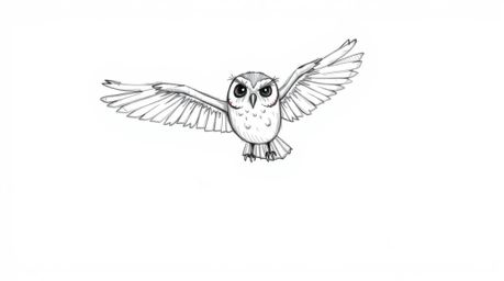A captivating hand-drawn sketch in the style of Pixar depicts a blind owl, mid-flight, leaving delicate feather trails.  With
