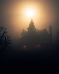 Experience the enchanting allure of a fog-covered Victorian mansion bathed in soft moonlight. This image captures a silhouett