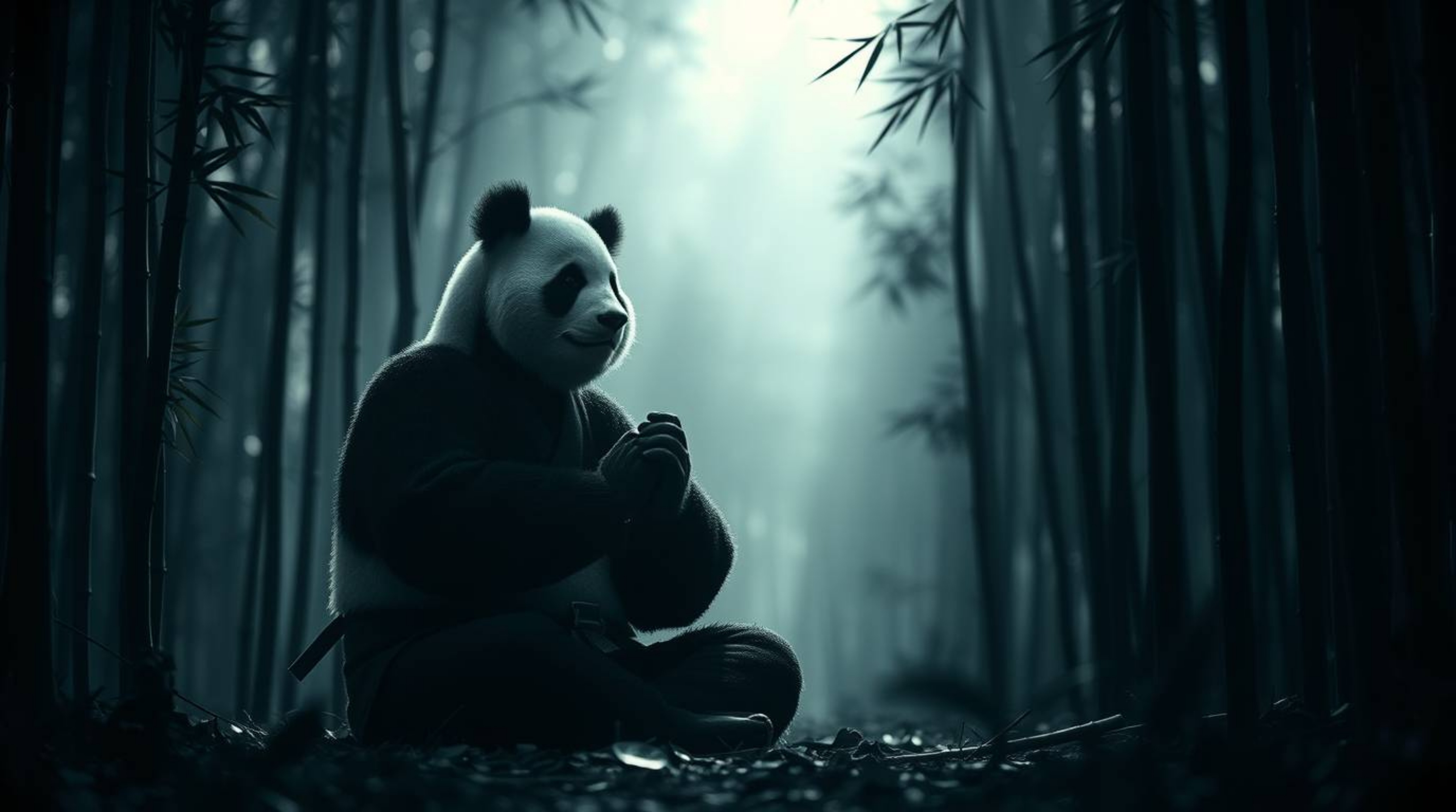 Immerse yourself in a moody and dramatic scene of a panda martial artist deeply meditating within a serene bamboo forest. The