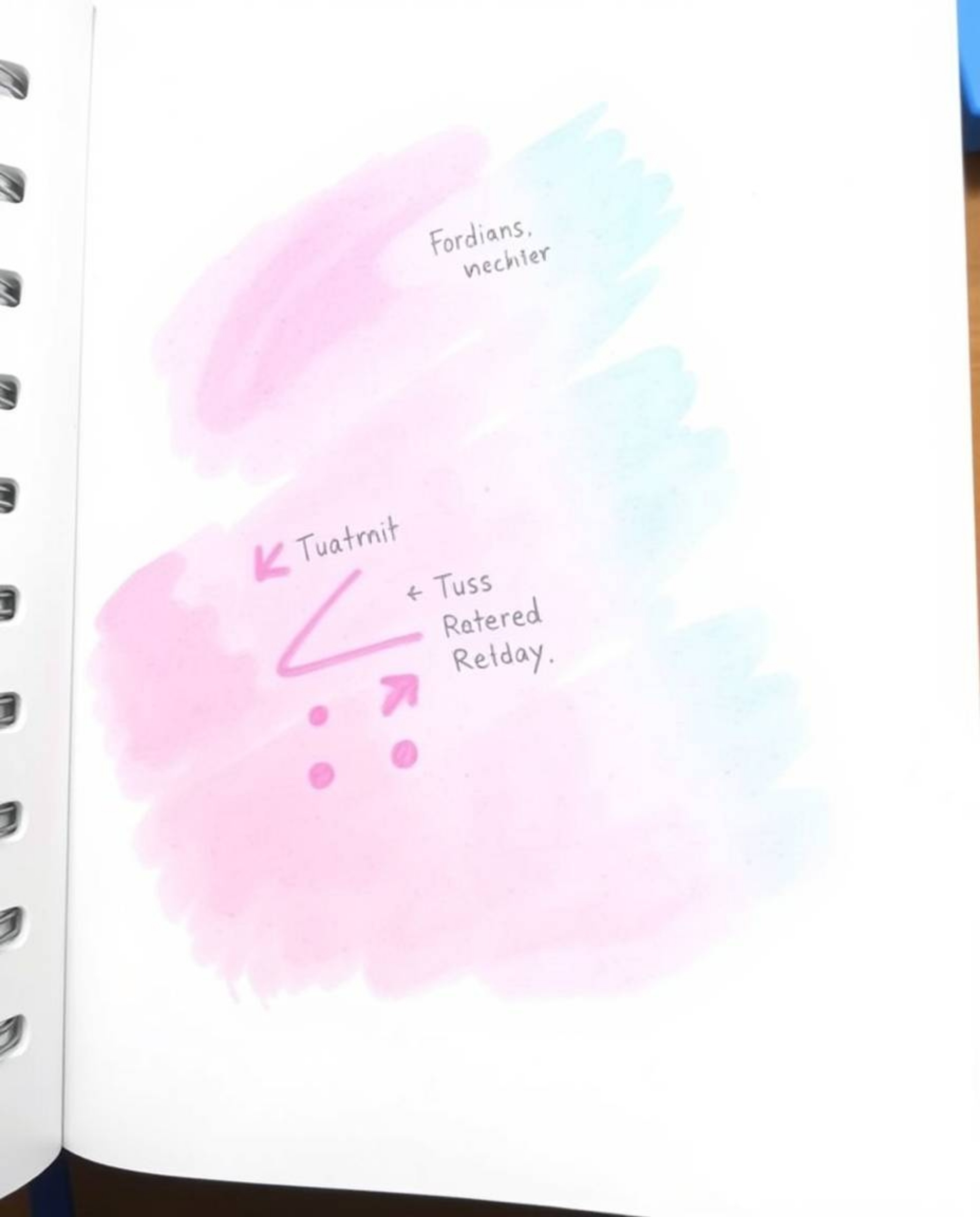 A hand-drawn color sketchnote, captured from a high-angle perspective, showcasing a soft gradient blending pink, blue, and vi