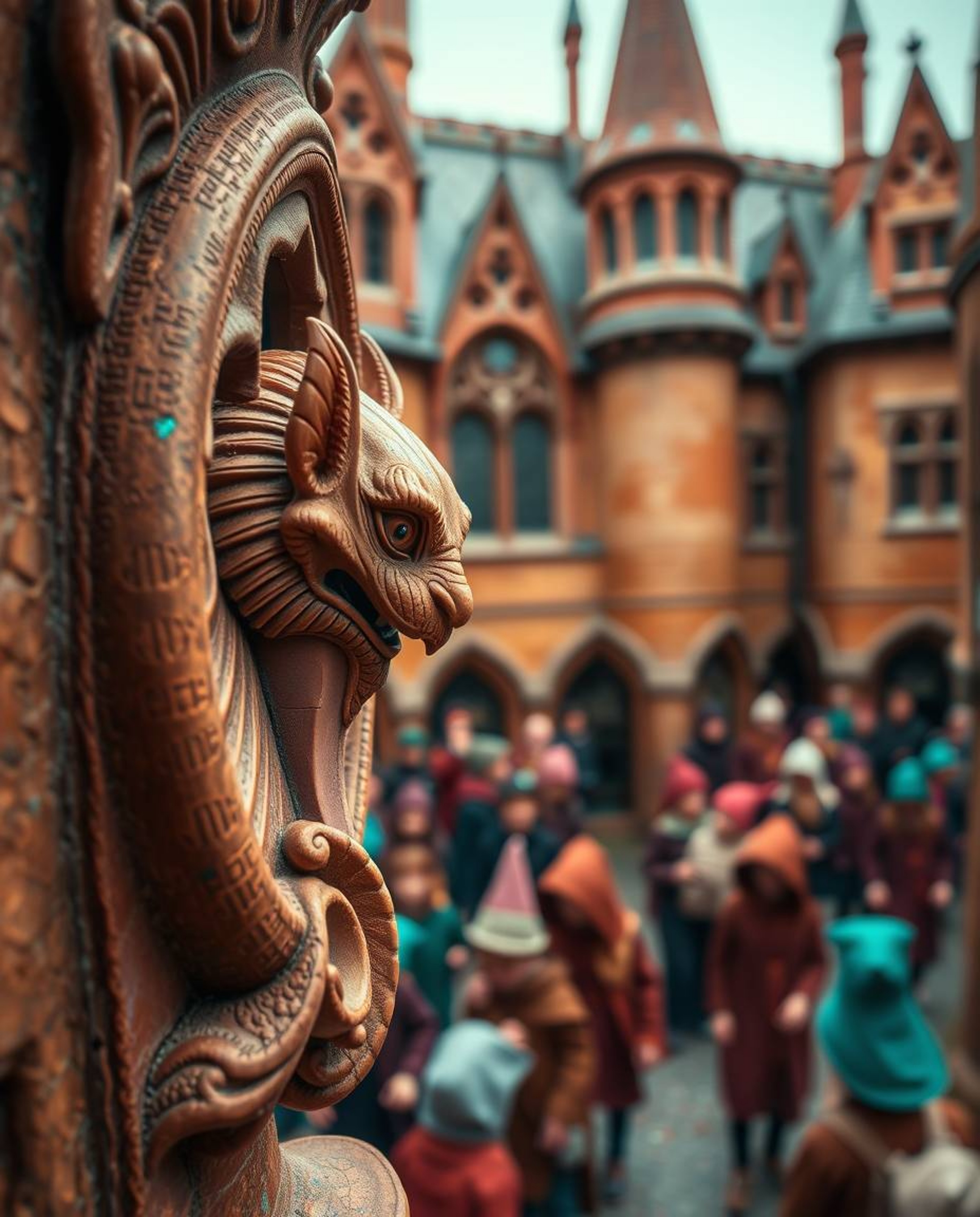 Explore a magical school brimming with young wizards through extreme macro close-ups, revealing details like carved gargoyles