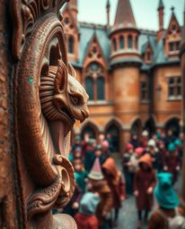Explore a magical school brimming with young wizards through extreme macro close-ups, revealing details like carved gargoyles