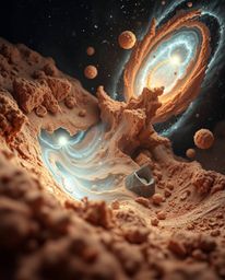 Explore a dreamlike, surreal vision of colliding galaxies bathed in natural earth tones. This tight close-up captures a cosmi
