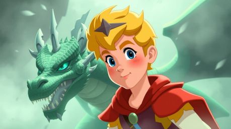 A charming prince with rosy cheeks and blonde hair battles a fierce dragon with emerald scales amidst a thick, foggy, futuris