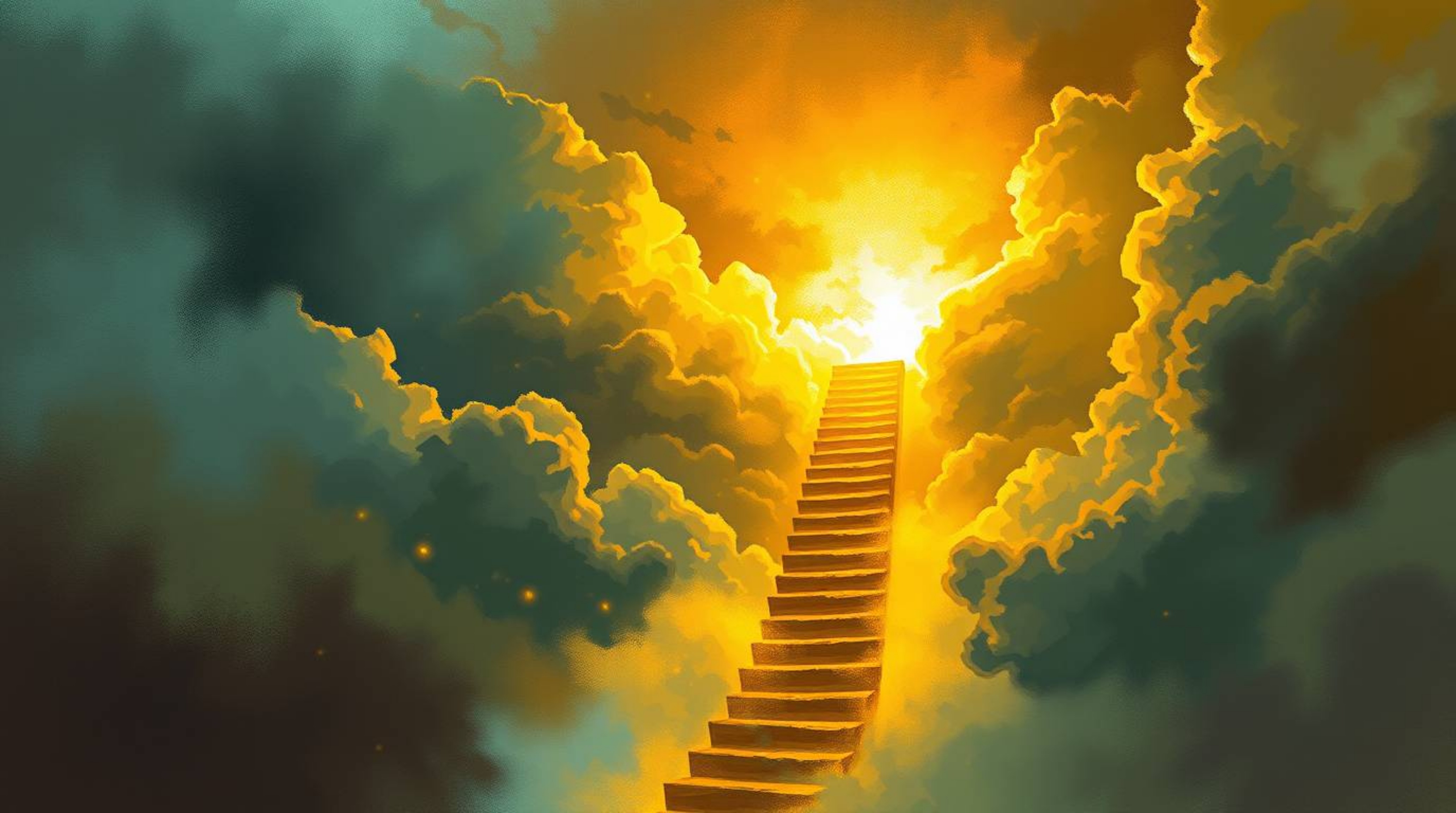 A breathtaking digital sketch portrays a golden staircase ascending through misty clouds towards a radiant heaven. The artwor