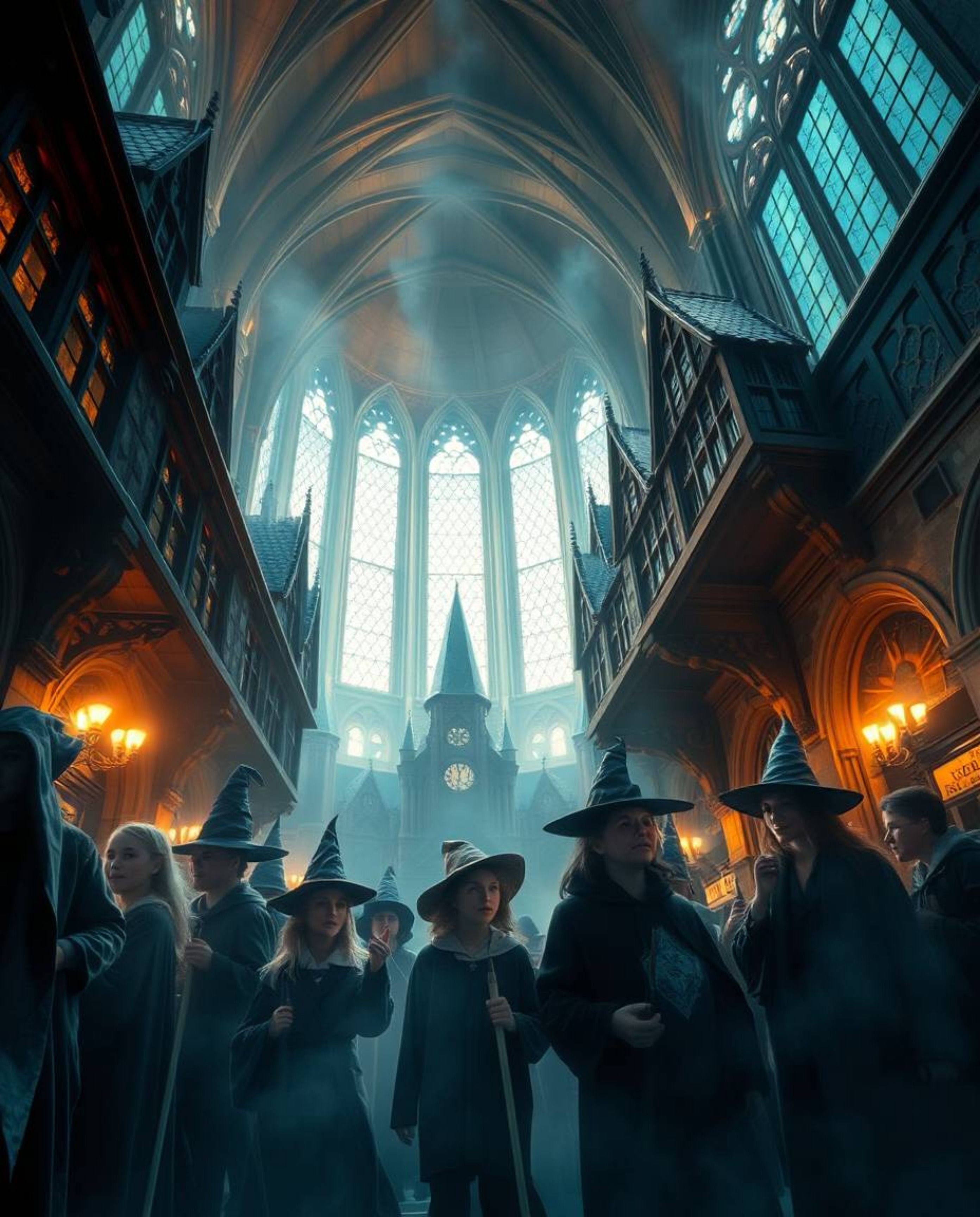 A captivating low-angle shot reveals a magical school teeming with young wizards, immersed in a mystical and enchanting envir