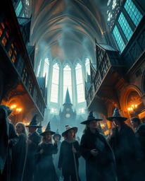 A captivating low-angle shot reveals a magical school teeming with young wizards, immersed in a mystical and enchanting envir
