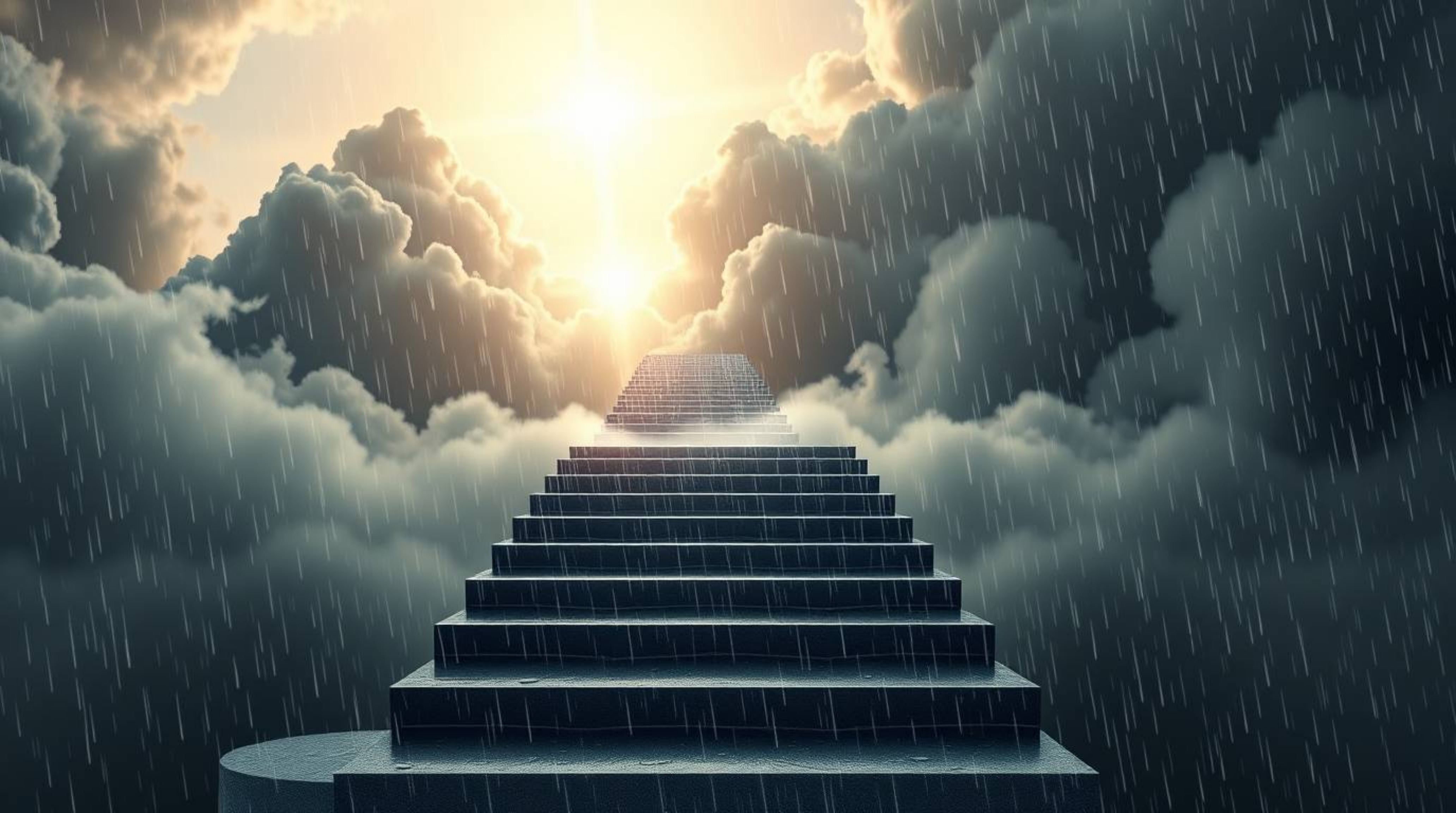A captivating logo design depicts a surreal stairway ascending through smoky clouds towards a bright celestial light, symboli