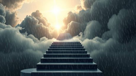 A captivating logo design depicts a surreal stairway ascending through smoky clouds towards a bright celestial light, symboli