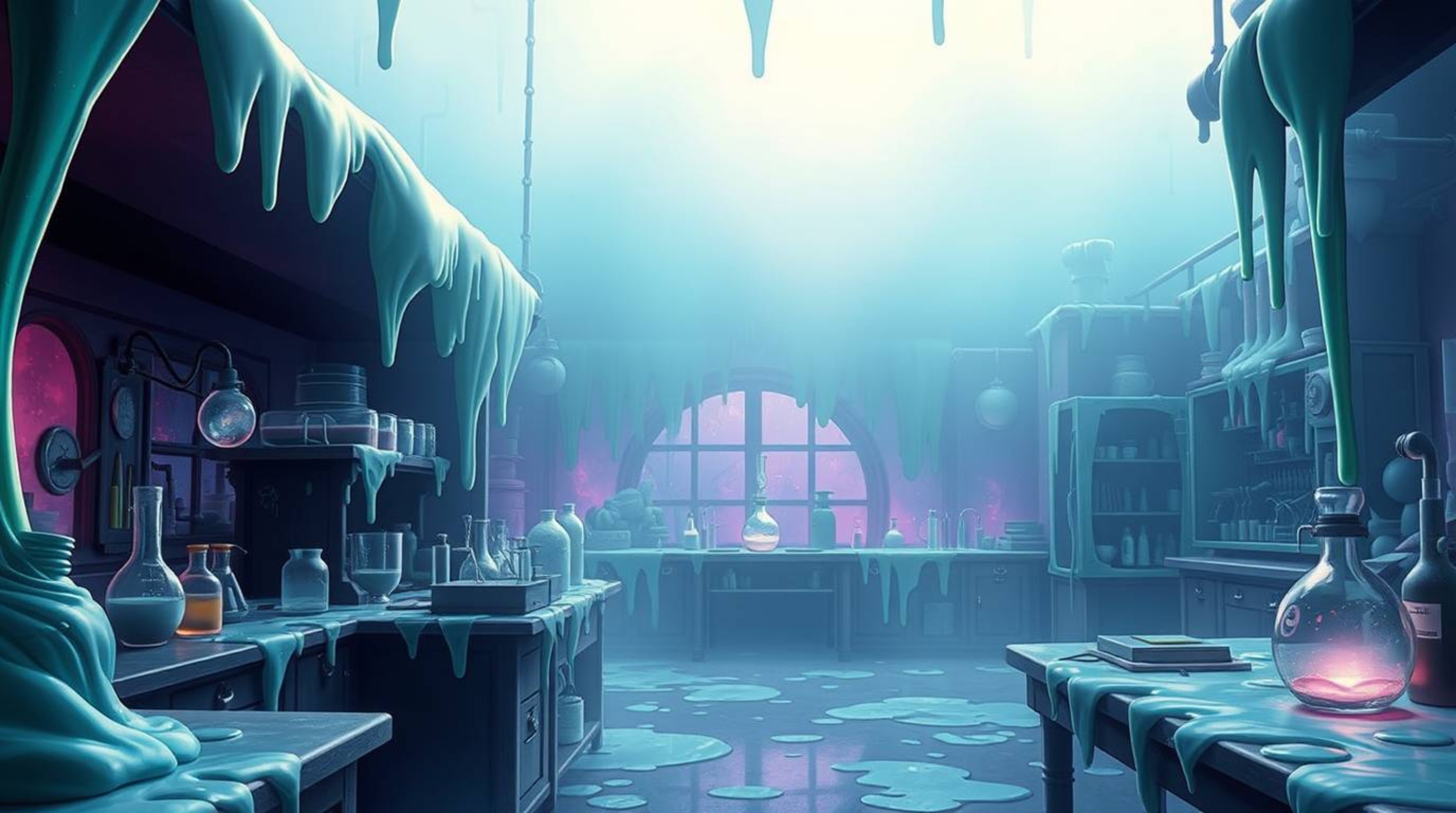 Explore a slime-covered science lab presented in a mystic and enchanting environment, featuring smooth gradient transitions a