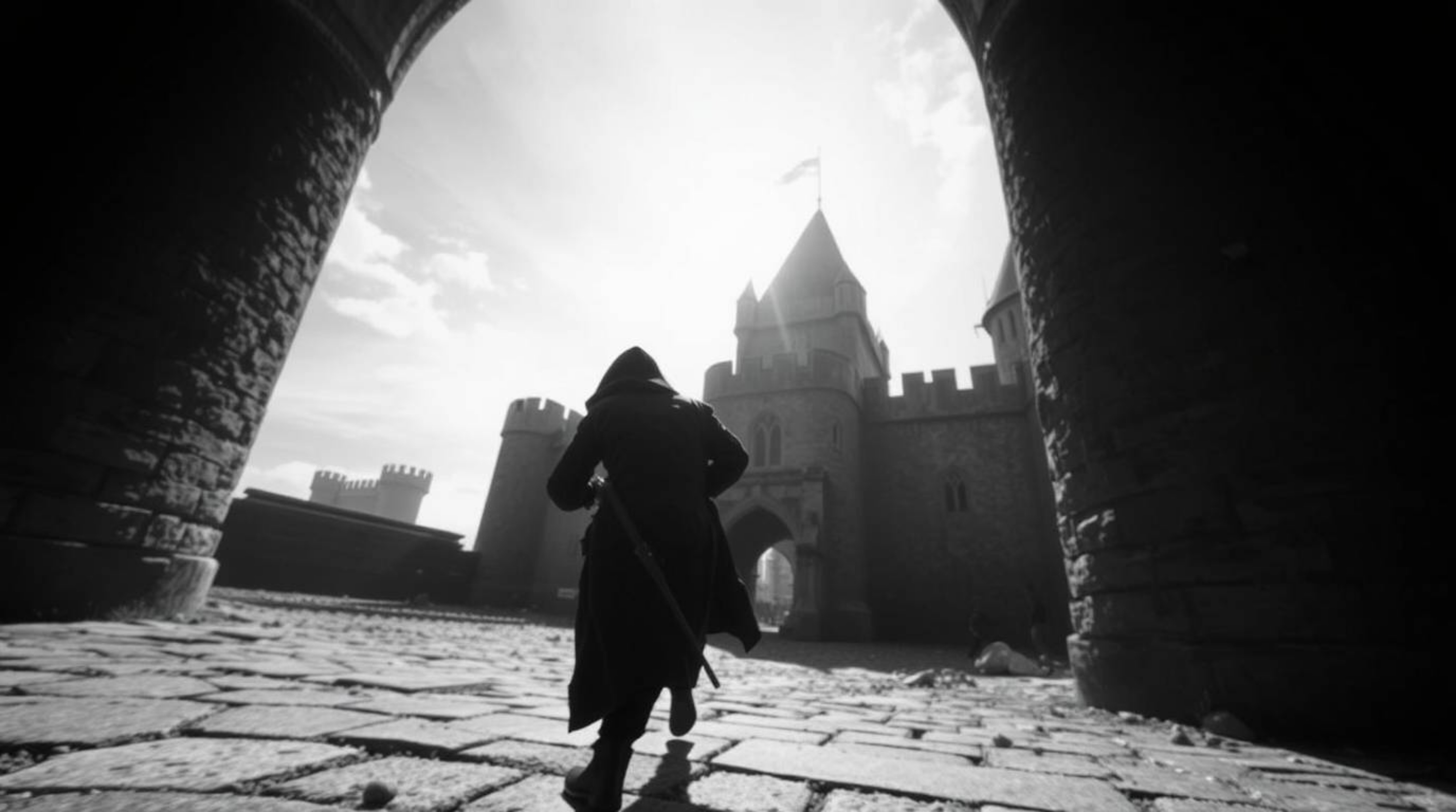 A dramatic black and white image capturing a thief sneaking into a heavily guarded castle.  The low angle perspective emphasi
