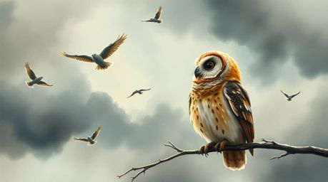 A heartwarming watercolor painting depicts a blind owl in Pixar style, passionately teaching birds to fly amidst a dramatic s