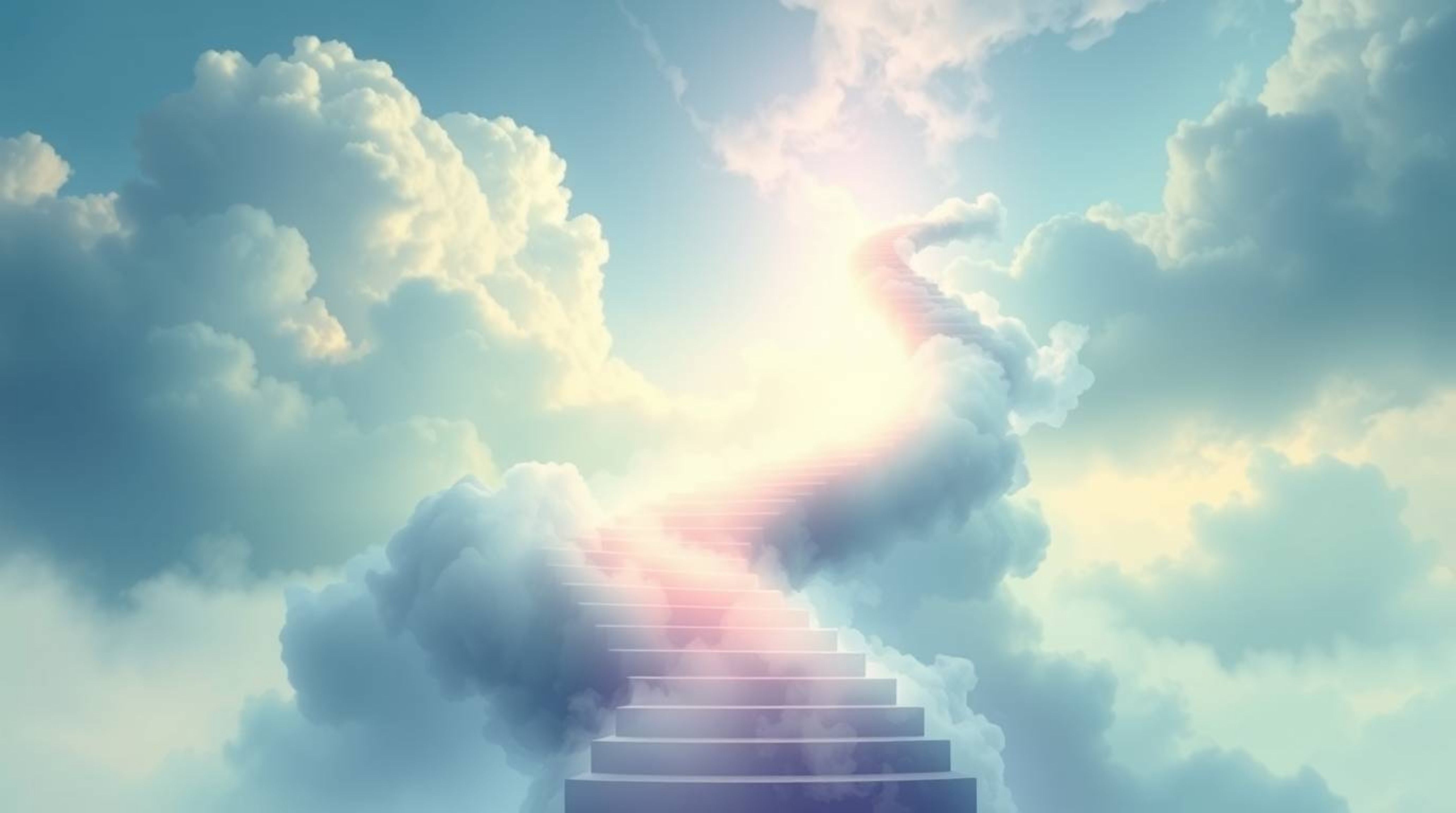 A digital painting depicting a winding stairway of smoke and light ascending into a vast, cloudy sky, evoking a soft and drea
