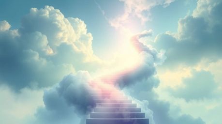 A digital painting depicting a winding stairway of smoke and light ascending into a vast, cloudy sky, evoking a soft and drea
