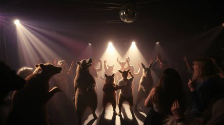 Experience a captivating animal dance party bathed in dreamy, atmospheric light.  High contrast and low-key lighting create a