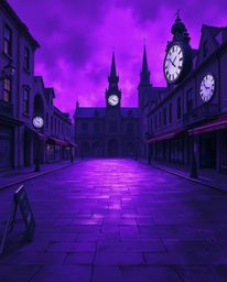 A captivating digital painting depicts an empty town square bathed in deep ultraviolet hues. High contrast and low-key lighti