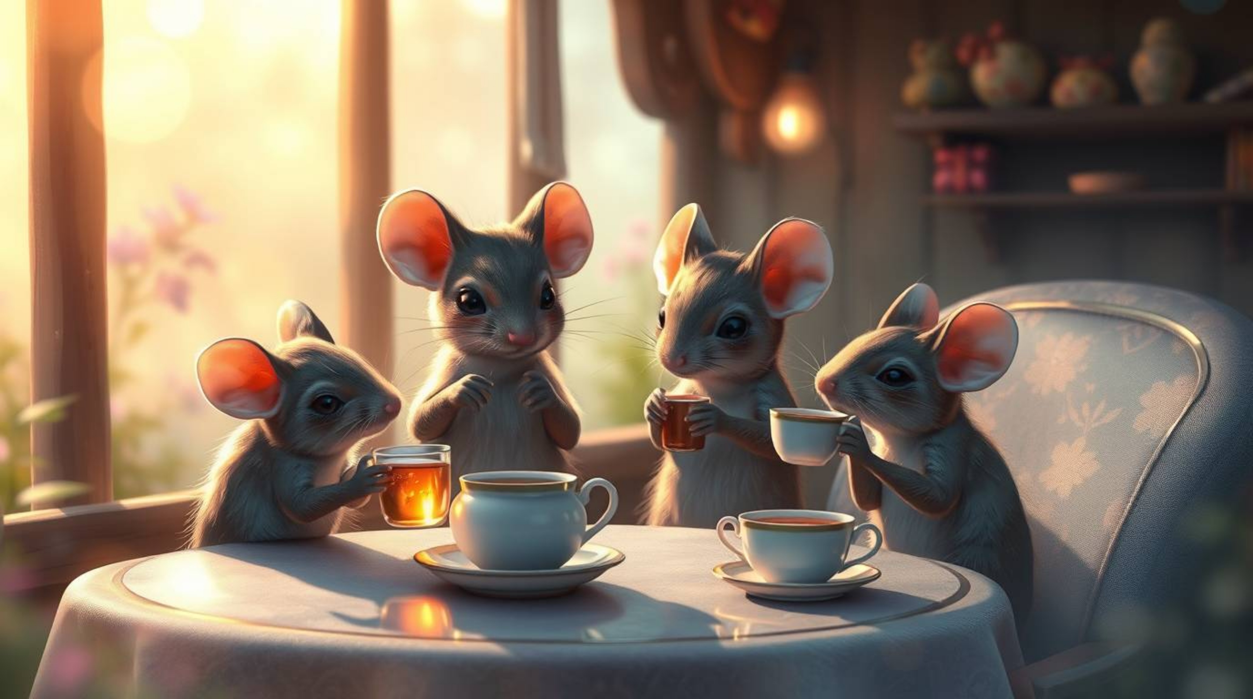 A captivating digital painting showcases anthropomorphic mice enjoying a delightful tea party within a cozy cottage.  The sce
