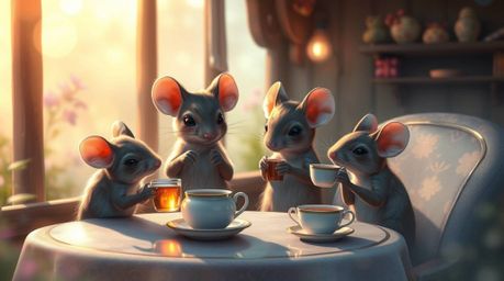 A captivating digital painting showcases anthropomorphic mice enjoying a delightful tea party within a cozy cottage.  The sce